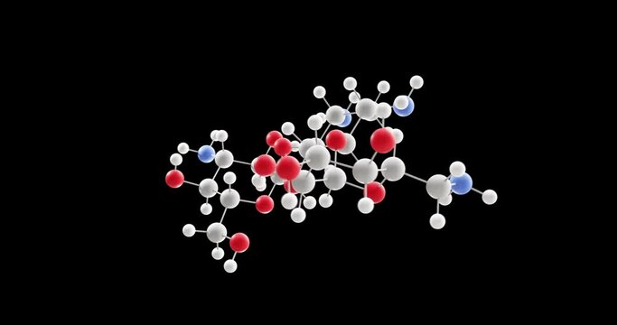 Kanamycin A molecule, rotating 3D model of antibiotic, looped video on a black background