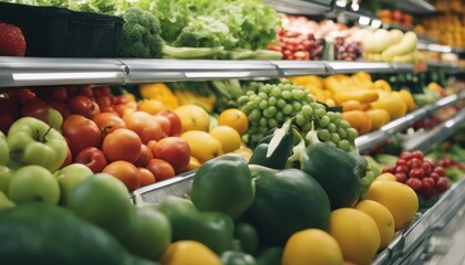 Fruits and vegetables in the refrigerated shelf of a supermarket