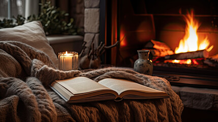 Book with cozy blanket near a fireplace 