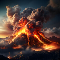 Fototapeta na wymiar volcanic eruption, streams of incandescent lava flow down the slope. environmental disaster.