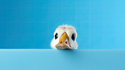 duck peeking around a corner, blue background, place for a text 