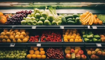 Poster Fruits and vegetables in the refrigerated shelf of a supermarket © Adi