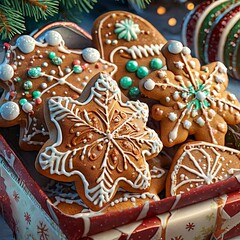 Colorful Christmas gingerbread cookies in a decorative box