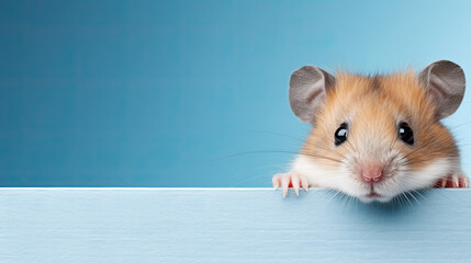 hamster peeking around a corner, blue background, place for a text 