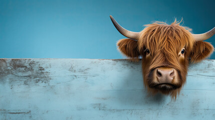 highland cow peeking around a corner, blue background, place for a text 