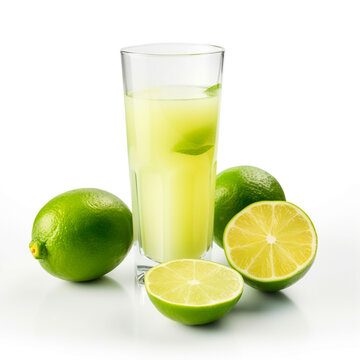 Lim&atilde;o: Fruta Fresca, Peda&ccedil;os e Suco em Fundo Branco