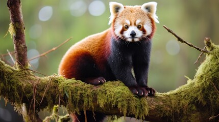 A wise-looking red panda perched on a tree branch in a bamboo forest.