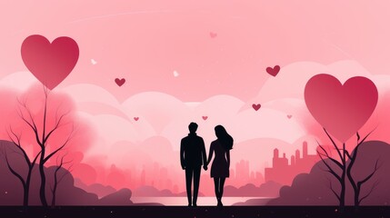 Valentine's Day background with a romantic silhouette of a couple between two trees shaped like hearts under a soft pink sky filled with smaller hearts.