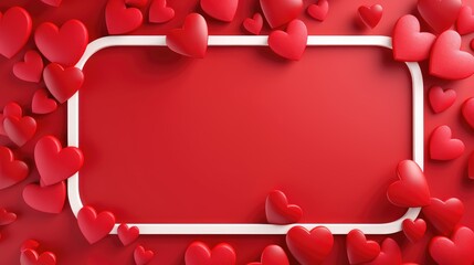 Valentine's Day themed background featuring a bright red backdrop with a central white frame, surrounded by various sizes of 3D heart shapes in shades of red and pink.