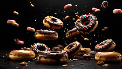 A bunch of donuts are flying in the air with black background
