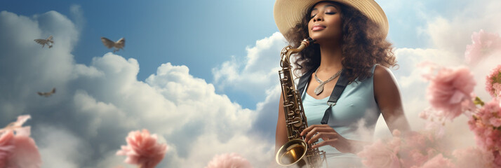 Beautiful young woman musician plays the saxophone on the background of clouds. AI generated. - obrazy, fototapety, plakaty