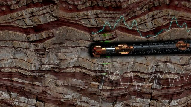 Horizontal drilling down hole view showing drill bit penetrating reservoir rock with data signal animation and open hole circulation
