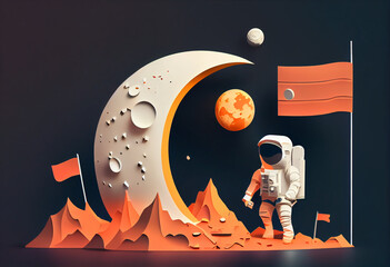 The astronaut puts a flag on the moon. Paper cut style. AI generated.