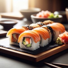 sushi on a plate and chopsticks japanese food background