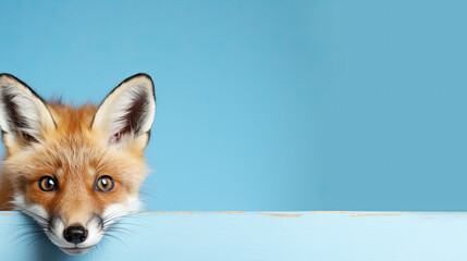 fox peeking around a corner, blue background, place for a text 