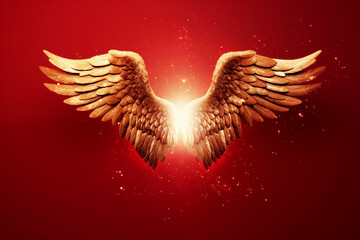 Golden angel wings on bright red background, with sparkles