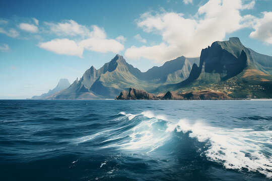 Nature photography of the ocean, foreground, mountain background.