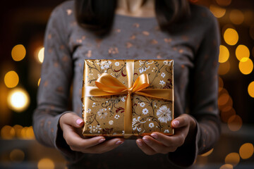 Closeup of woman hands holding gift box on Christmas background