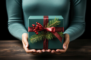 Closeup of woman hands holding gift box on Christmas background