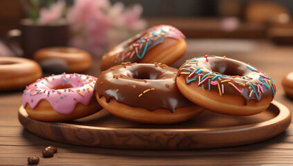 Chocolate donuts on a wooden plate