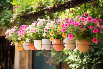 Fototapeta na wymiar Flowers in hanging pots in a cozy garden