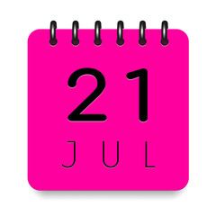 21 day of the month. July. Pink calendar daily icon. Black letters. Date day week Sunday, Monday, Tuesday, Wednesday, Thursday, Friday, Saturday. Cut paper. White background. Vector illustration.