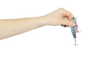 fishing bait in outstretched hand isolated from background