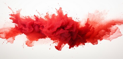 Ignite visual excitement with a red powder explosion abstract over a white background, creating isolated red powder splatters that form a vibrant cloud of color.