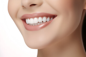 Fototapeta premium Dental ad banner for tooth whitening services, dentist, advertising. Woman smiling closeup. Dental care concept