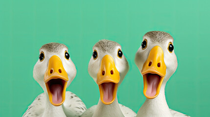 Three ducks  on a mint pastel background, surprised animals, concept of shock, startle 