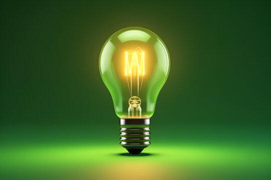 Green light bulb isolated on a green background. Creativity concept, new idea, innovation, think differently