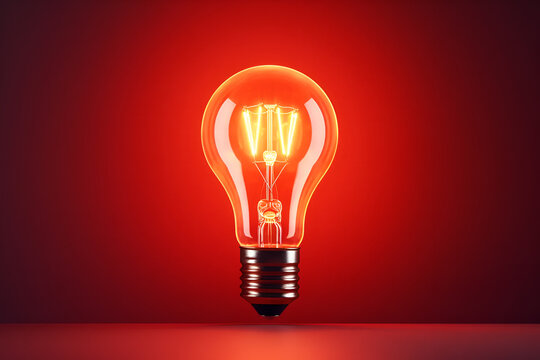 Red light bulb isolated on a red background. Creativity concept, new idea, innovation, think differently