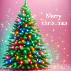 Merry Christmas: Colorful Lights on Festive Tree with Pink Background