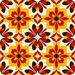 Vintage floral medallions in warm yellow and burgundy. Seamless pattern. Classic and inviting. Perfect for traditional home textiles, gift wrapping, and wallpaper