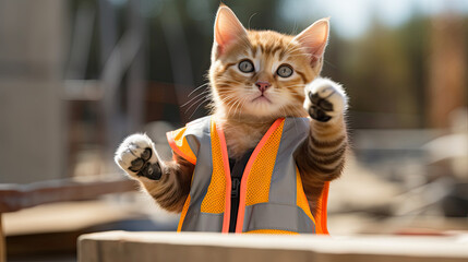 Cat  wearing hard hat and safety vest  as a  construction worker - Powered by Adobe