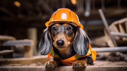 Foto op Canvas Dachshund dog wearing hard hat and safety vest  as a  construction worker © reddish