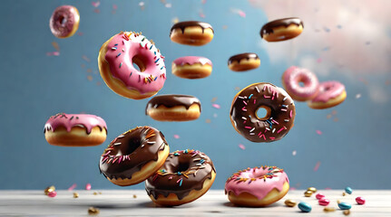 Donuts flying in the air on a blue background