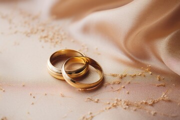 Obraz na płótnie Canvas Wedding rings on a beige satin background with copy space, wedding rings, wedding invitation background, AI Generated