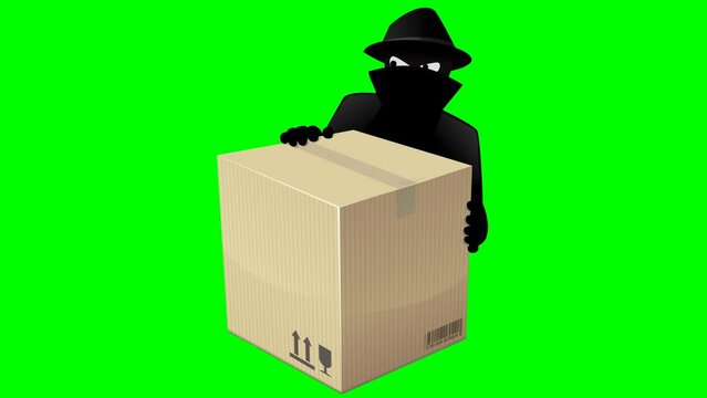 Animation loop of a cardboard box behind which a masked criminal dressed in black is on the lookout to steal the package ( green screen,transparency and alpha channel)