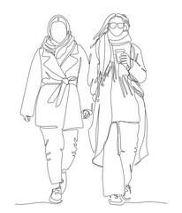 2 women wearing warm clothes and heavy scarfs on cold autumn day. Woman in coat holding coffee. Continuous line drawing. Black and white vector illustration in line art style. 