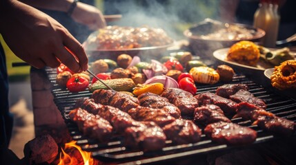 Person cooking a variety of meats on an outdoor grill, with a focus on the hands turning food with tongs, showcasing a summer barbecue scene.Ai generated