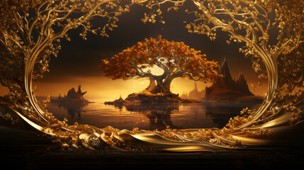 Golden melting Flowers and trees reflecting in water