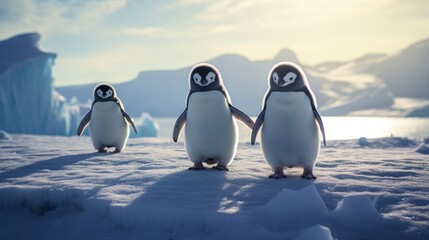 Group of cute penguins standing on frozen ice in antarctica - obrazy, fototapety, plakaty