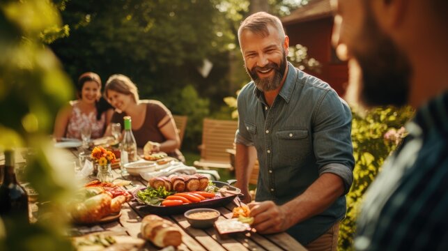 Man happily grilling on a sunny day, serving barbecue to a family gathered around the picnic table in the garden, enjoying a warm, festive atmosphere. Ai generated