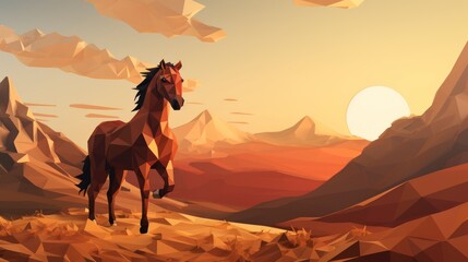Low poly horse in the desert with mountains in the background at sunset - obrazy, fototapety, plakaty