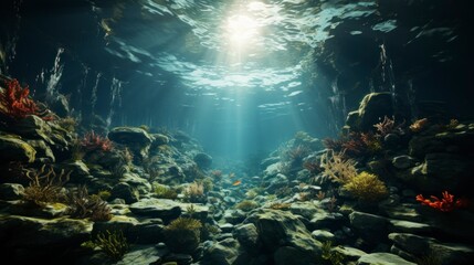 Fototapeta na wymiar Underwater scene with sun rays and marine life