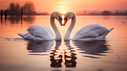 two swans in love at the sunset, Valentine's Day 