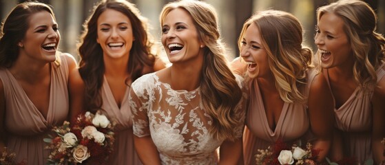 Up close, a lovely bride and her bridesmaids pose in the natural setting of their wedding day, wearing exquisite silk gowns and holding bouquets of flowers. . - obrazy, fototapety, plakaty