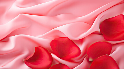 rose flowers petals on a  satin background, Valentine's Day banner 