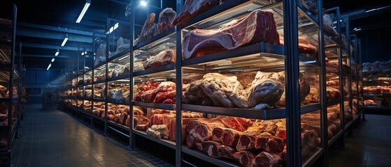 Cattle corpses in cold storage in a beef plant.. - obrazy, fototapety, plakaty